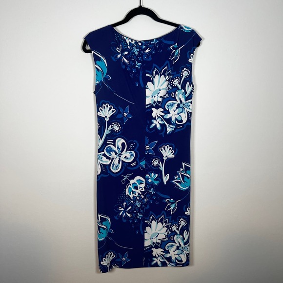 Lauren Ralph Lauren Sheath Dress‎ 14 Floral Ruched Waist Cap Sleeve Casual Blue - Picture 4 of 5